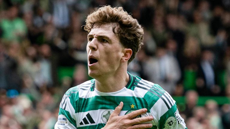 GLASGOW, SCOTLAND - MAY 16: Celtic's Arne Engels celebrates scoring a penalty to make it 1-1 during a William Hill Premiership match between Celtic and Heart of Midlothian at Celtic Park, on May 16, 2026, in Glasgow, Scotland. (Photo by Paul Devlin / SNS Group)