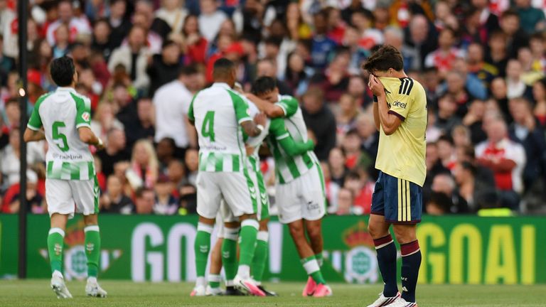 Christos Tzolis reacts as Arsenal go 2-0 down to Real Betis