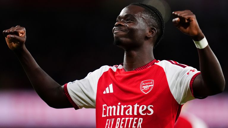 Arsenal's Bukayo Saka celebrates scoring his side's second goal against Coventry
