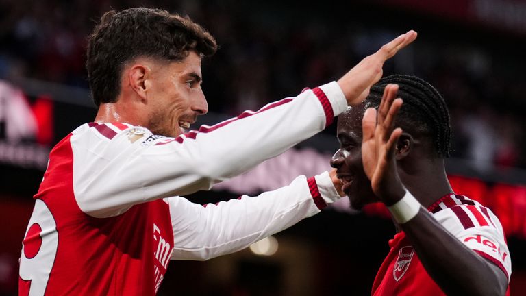 Arsenal's Kai Havertz celebrates scoring the opening goal against Coventry with Bukayo Saka