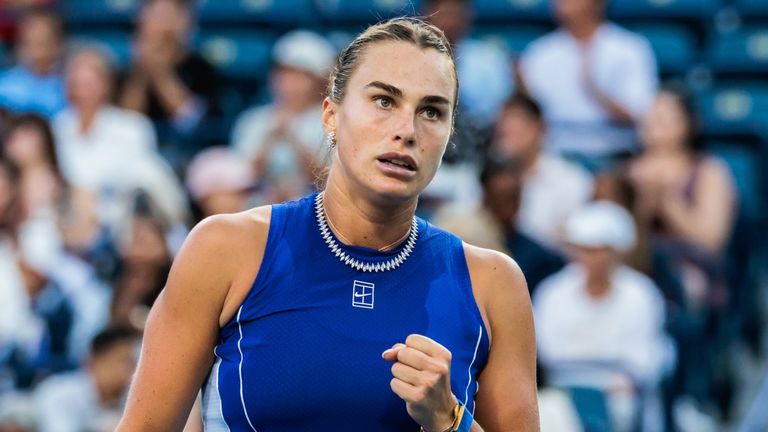 TORONTO, ON - AUGUST 04: Aryna Sabalenka (BLR) is seen during a women's singles second-round match at the WTA 1000 National Bank Open on August 04, 2026 at Sobeys Stadium in Toronto, ON (Photo by Mathew Tsang/Icon Sportswire) (Icon Sportswire via AP Images)
