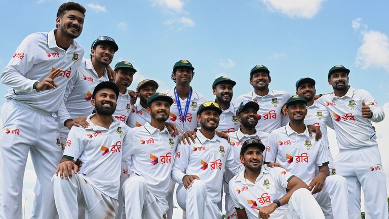 Bangladesh players pose for a team photo as they celebrate a historic win over Australia 