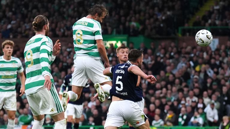 Benjamin Nygren heads in for Celtic against Dundee