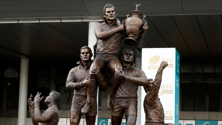 The statue of Rugby League legends Martin Offiah, Alex Murphy, Billy Boston, Eric Ashton and Gus Risman at Wembley Stadium