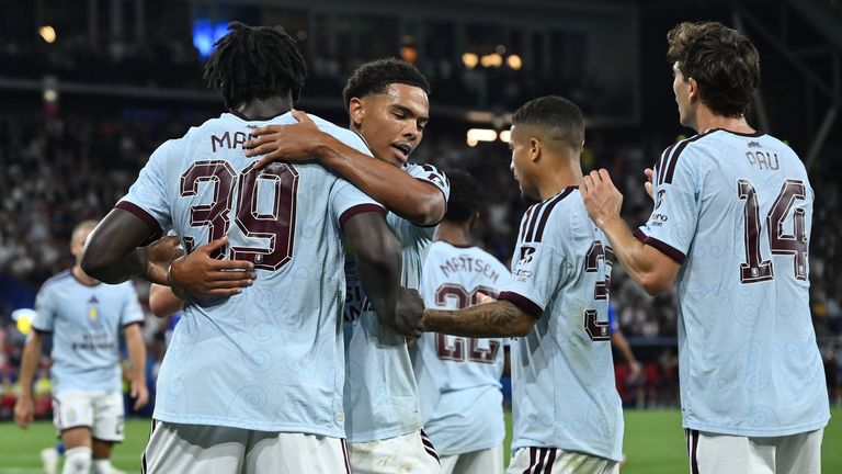 Brian Madjo of Aston Villa F.C. celebrates after scoring the goal to make the score 1-1 during the UEFA Super Cup Final against PSG