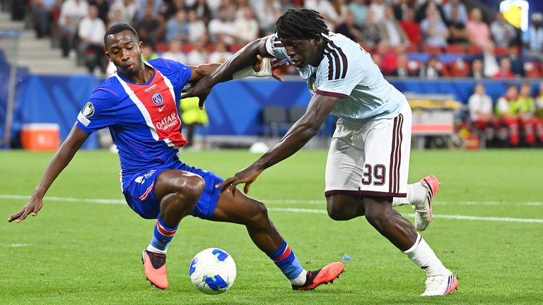 Aston Villa's Brian Madjo in action against Paris Saint-Germain in the UEFA Super Cup