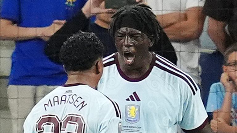 Aston Villa's Brian Madjo celebrates scoring against PSG