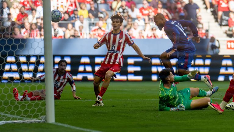 Bryan Mbeumo of Manchester United scores his teams second goal during the pre-season friendly match against Atletico Madrid