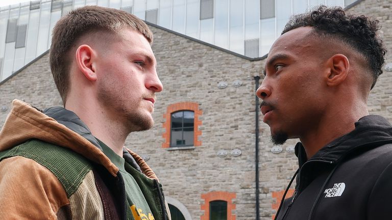 DUBLIN, IRELAND - AUGUST 1: Callum Walsh and Tyler Denny face off outside the 3Arena on August 4, 2026 in Dublin Ireland.  The two will meet in the co-feature of Zuffa Boxing 10 on Saturday August 8, 2026.  (Photo by Ed Mulholland/Zuffa Boxing)   