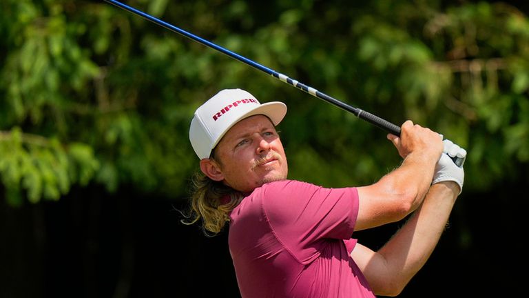 Cameron Smith, of Australia, hits from the fourth tee during the final round of the PGA Championship golf tournament at Aronimink Golf Club, Sunday, May 17, 2026, in Newtown Square, PA. (AP Photo/Frank Franklin II)
