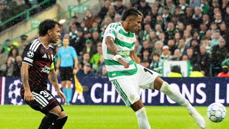 GLASGOW, SCOTLAND - AUGUST 19: Celtic...s Camilo Duran scores to make it 2-0 during a UEFA Champions League Play-Off Round first-leg match between Celtic and LASK, at Celtic Park, on August 19, 2026, in Glasgow, Scotland.  (Photo by Ross MacDonald / SNS Group)