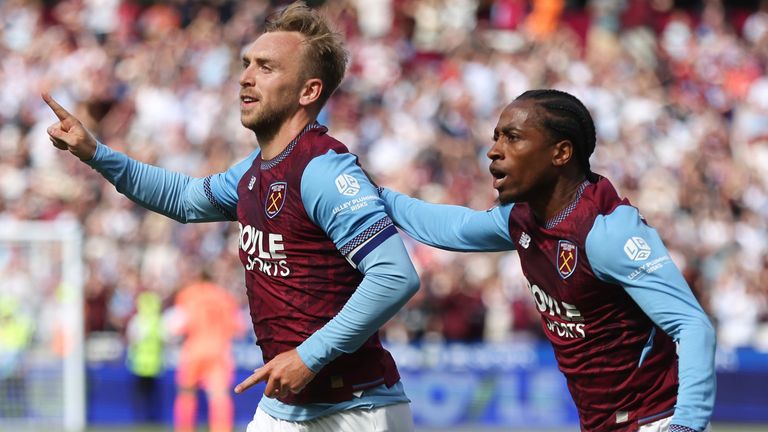 Jarrod Bowen celebrates after scoring West Ham's second goal against Portsmouth