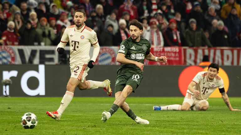 Nicolas Kuhn put Celtic 1-0 up against Bayern Munich in the Champions League's first knockout round in 2025.