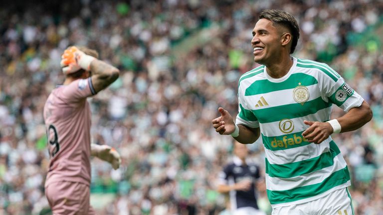 GLASGOW, SCOTLAND - AUGUST 29: Celtic's Camilo Duran celebrates scoring to make it 1-0 during a William Hill Premiership match between Celtic and Falkirk at Celtic Park, on August 29, 2026, in Glasgow, Scotland.  (Photo by Craig Williamson / SNS Group)