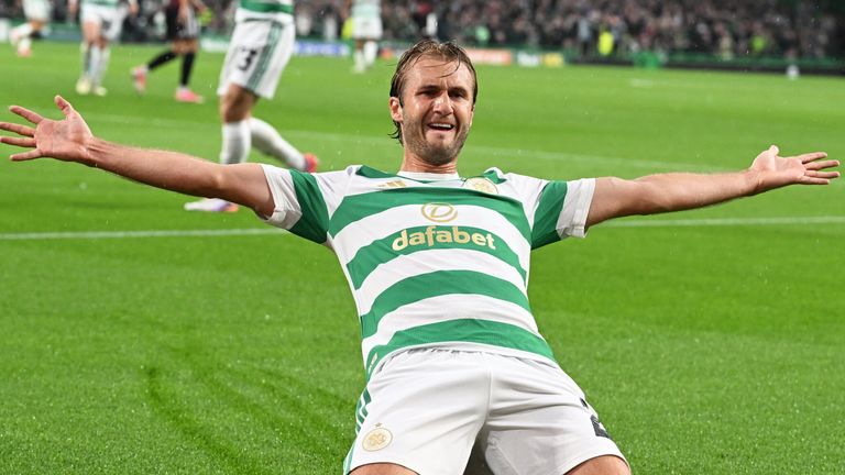 GLASGOW, SCOTLAND - AUGUST 19: Celtic...s Benjamin Nygren celebrates after scoring to make it 1-0 during a UEFA Champions League Play-Off Round first-leg match between Celtic and LASK, at Celtic Park, on August 19, 2026, in Glasgow, Scotland.  (Photo by Rob Casey / SNS Group)