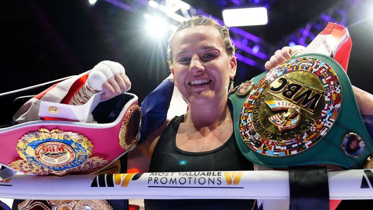Chantelle Cameron celebrates after beating Mikaela Mayer