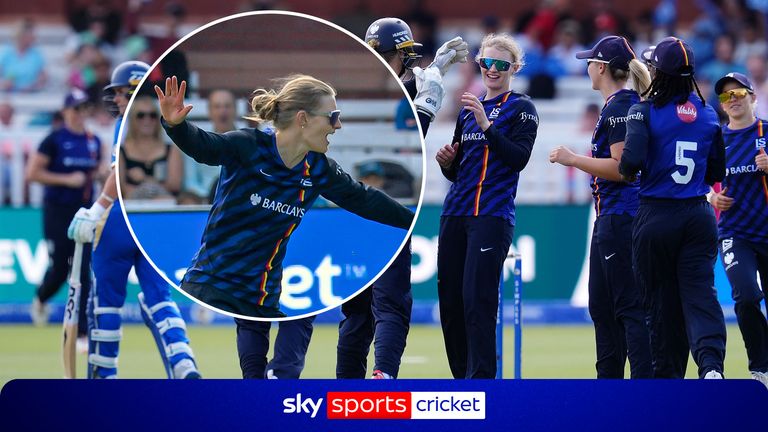 London Spirit's Charlie Dean (centre) celebrates taking the wicket of MI London's Hollie Armitage during The Hundred women's match at Lord's