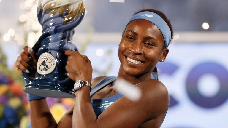 CINCINNATI, OH - AUGUST 23: Coco Gauff of the United States poses with the Rookwood Cup after winning the final round of the Cincinnati Open at the Lindner Family Tennis Center on August 23, 2026 in Mason, Ohio. (Photo by Ian Johnson/Icon Sportswire) (Icon Sportswire via AP Images)