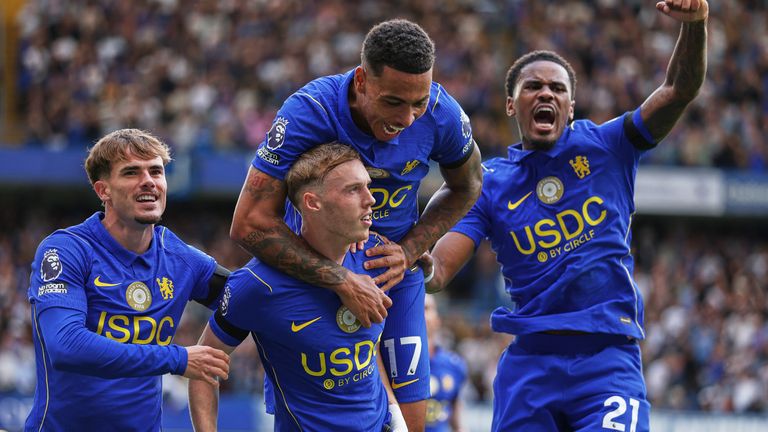 Chelsea's Cole Palmer celebrates with team-mates after scoring his side's fourth goal (AP Photo/Ian Walton)