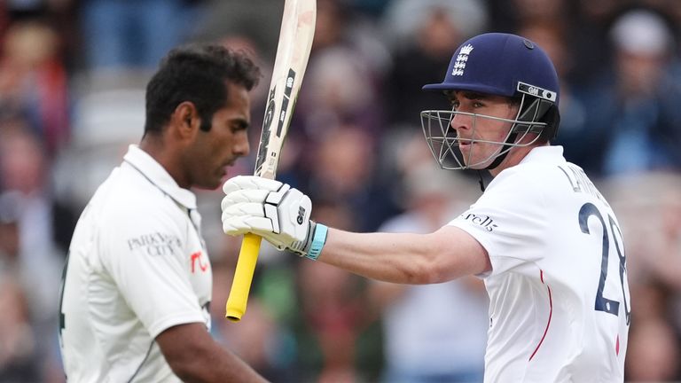 Dan Lawrence celebrates scoring 50 for England against Pakistan