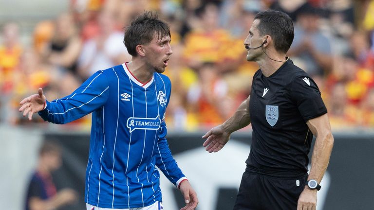 Rangers' Dan Neil and referee Nikola Dabanovic