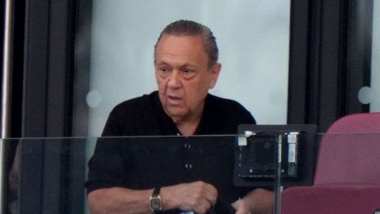 Former West Ham United chairman David Sullivan (right) in the stands during the Carabao Cup first round match at London Stadium. 8 August