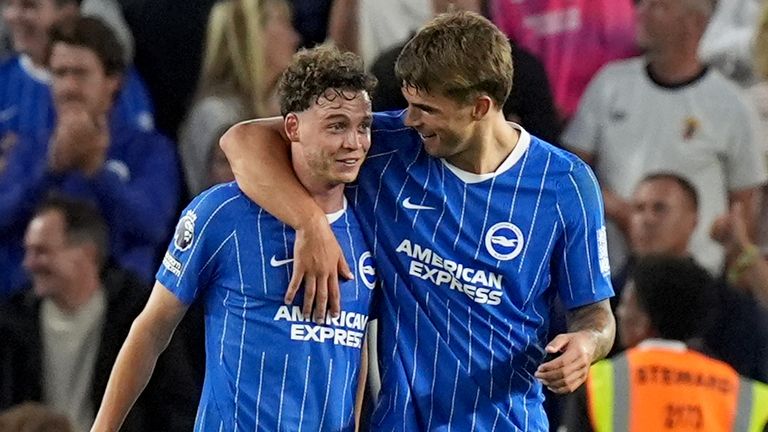 Maxim De Cuyper is congratulated by Luka Vuskovic after scoring for Brighton
