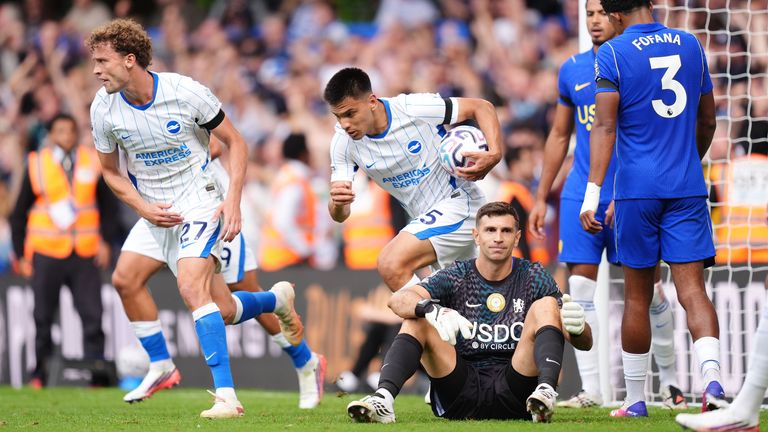 Chelsea goalkeeper Emiliano Martinez reacts after Joao Pedro's own goal