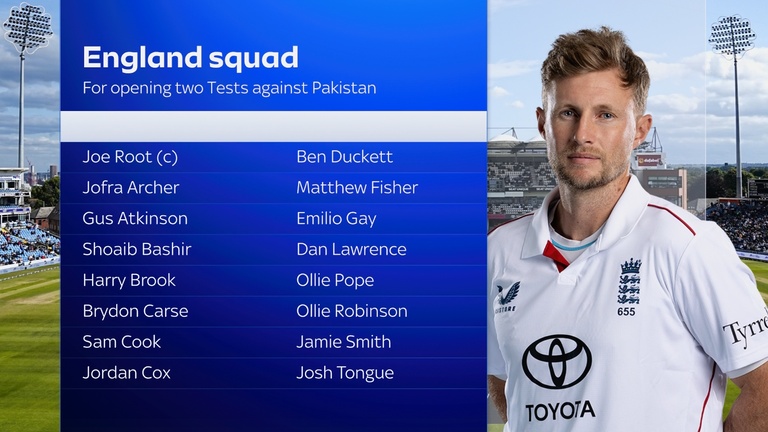 England's 16-man squad to face Pakistan