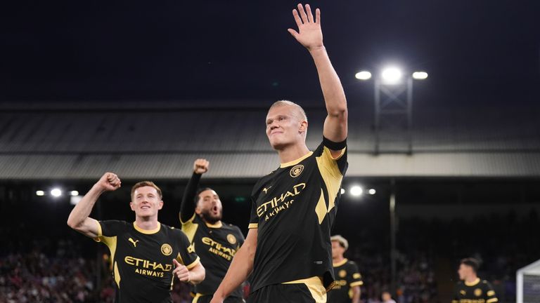 Erling Haaland celebrates the opening goal for Man City against Crystal Palace