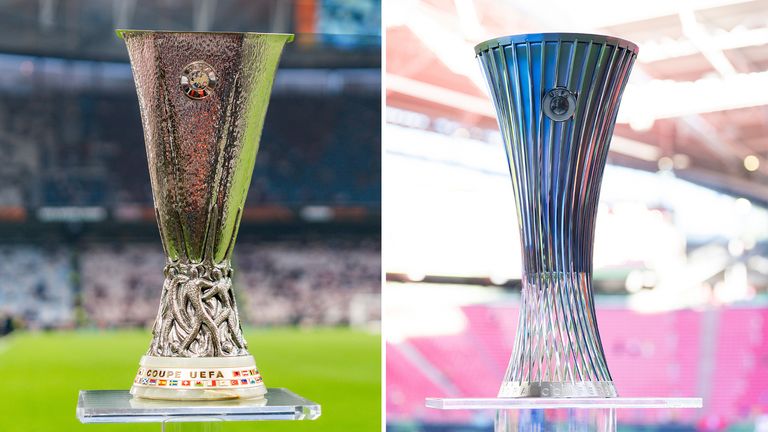 The Europa League and Conference League trophies
