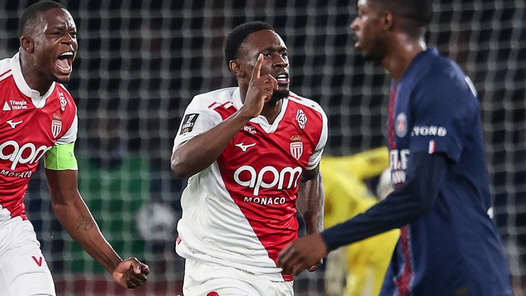 Balogun celebrates scoring for Monaco against Paris Saint-Germain