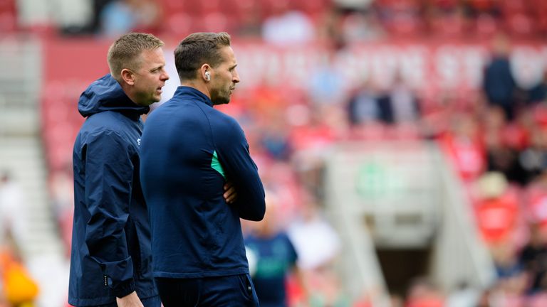 Tom Shaw, head coach of Lincoln City, left, and Chris Cohen, head coach of Lincoln City prior to the Sky Bet Championship 2026/27 match between Middlesbrough and Lincoln City at Riverside Stadium on August 15, 2026 in Middlesbrough, United Kingdom. (Photo by Chris Vaughan/Getty Images)