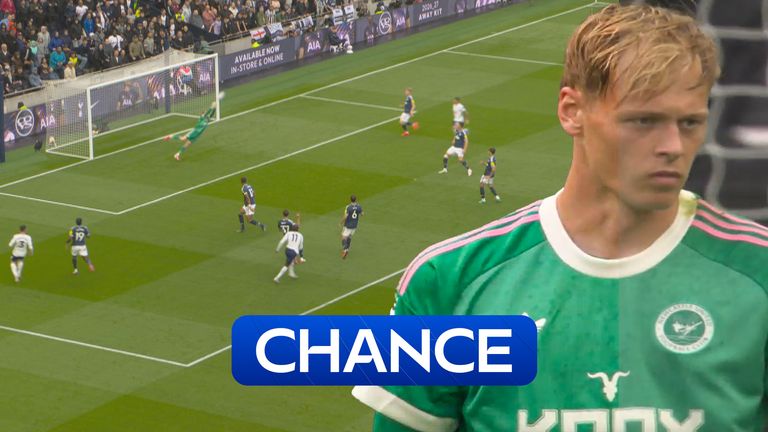 Mathys Tel takes a shot on goal for Spurs but Newcastle's Lukas Hornicek makes a big save early on.