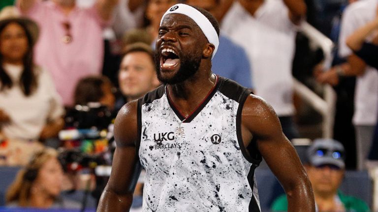 Frances Tiafoe of the United States reacts during the quarterfinal round of the Cincinnati Open at the Lindner Family Tennis Center on Augus