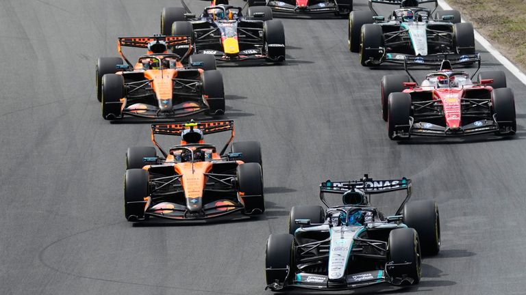 Mercedes driver George Russell of Britain keads at the start during sprint race at the Formula One Dutch Grand Prix in Zandvoort