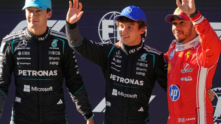 George Russell, Kimi Antonelli and Lewis Hamilton after qualifying for the Chinese Grand Prix