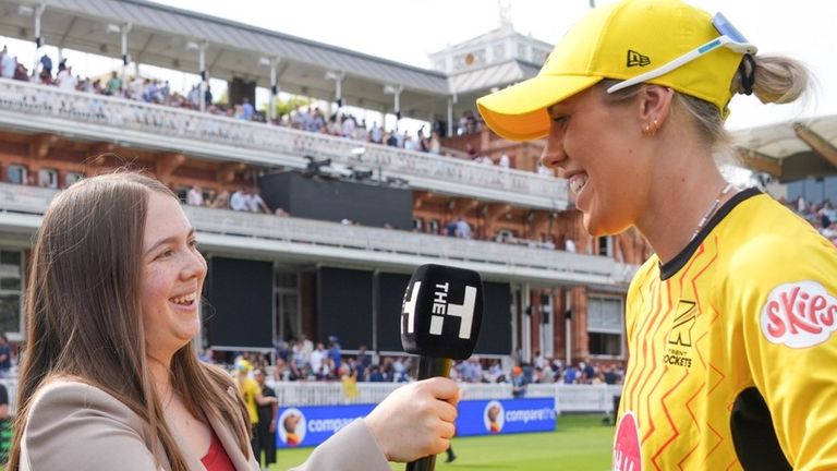 Rosa Simkin interviews Trent Rockets' Georgia Adams for Sky Sports during The Hundred women's final at Lord's (image: Jed Leicester, MCC )