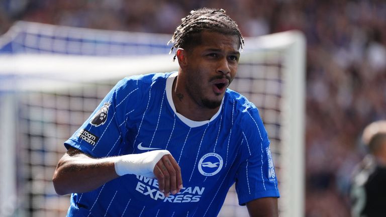 Georginio Rutter celebrates after doubling Brighton's lead against Aston Villa