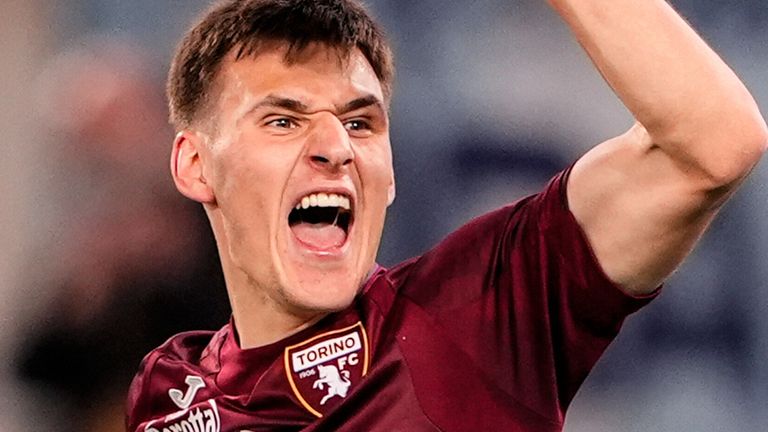 Torino's Gvidas Gineitis celebrates scoring their side's first goal of the game during the Serie A soccer match between Lazio and Torino
