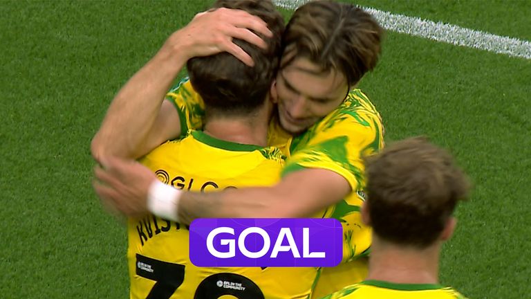 Mathias Kvistgaarden heads Norwich in front from a corner against Cardiff 