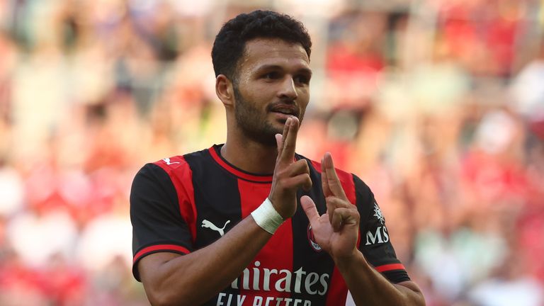 Goncalo Ramos of AC Milan celebrates his goal against Manchester United