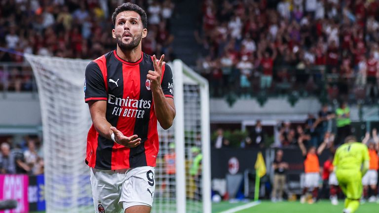 Goncalo Ramos of AC Milan celebrates after scoring against Venezia