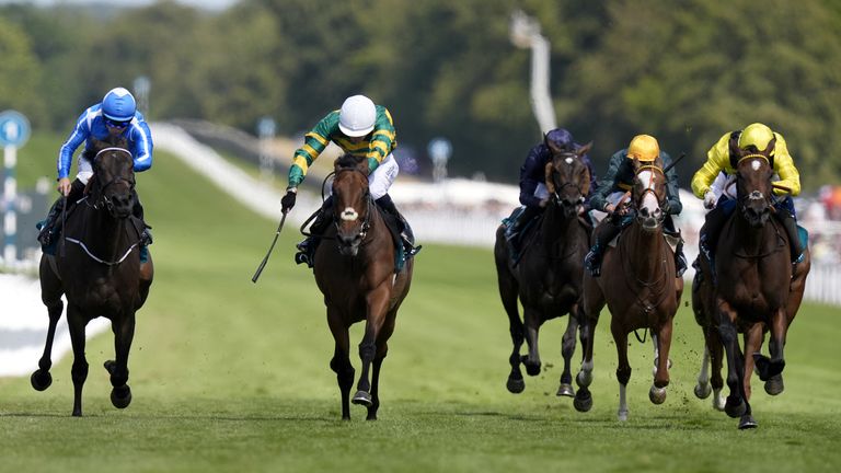 Goodie Two Shoes (centre), ridden by Dylan Browne McMonagle, on the way to winning the Qatar Lillie Langtry Stakes at Goodwood