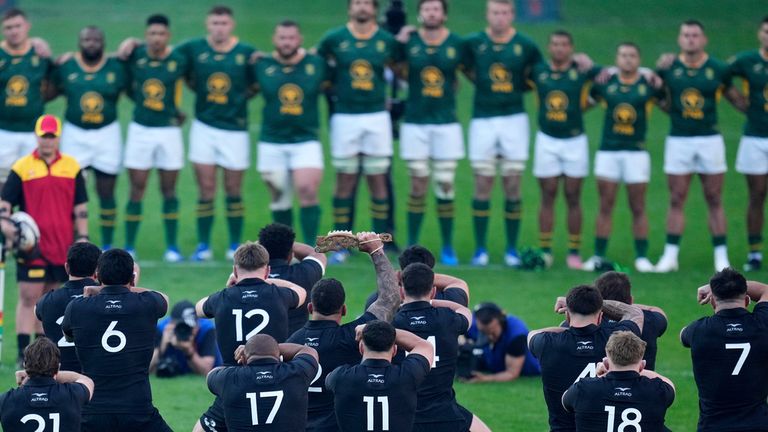 New Zealand's players perform the Haka during a Test rugby match between South Africa and New Zealand, in Johannesburg, South Africa, Saturday, Aug. 22, 2026. (AP Photo/Themba Hadebe)