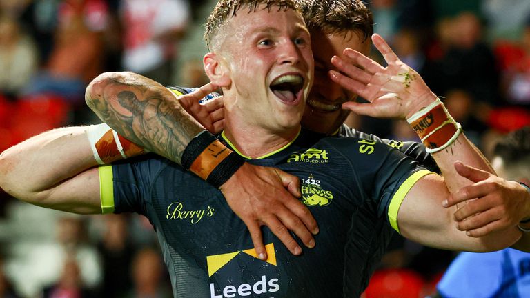 Harry Newman celebrates scoring the third try for Leeds (SWpix.com image)