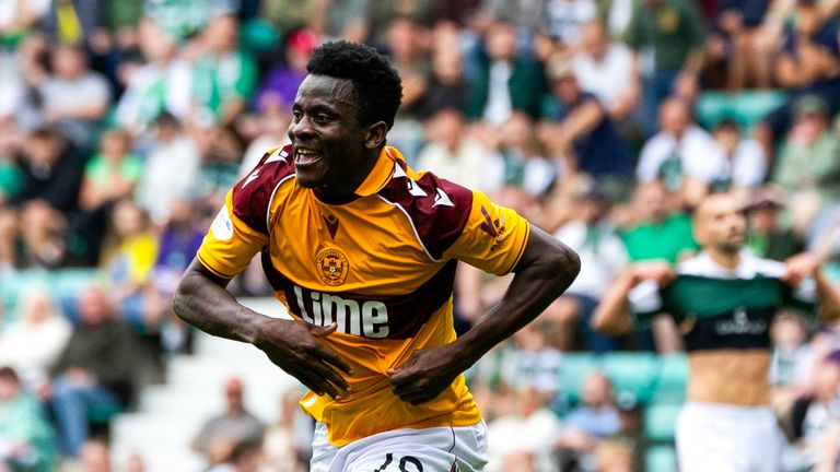 EDINBURGH, SCOTLAND - AUGUST 02: Motherwell...s Ibrahim Said celebrates after scoring to make it 2-1 during a William Hill Premiership match between Hibernian and Motherwell at Easter Road, on August 02, 2026, in Edinburgh, Scotland. (Photo by Craig Foy / SNS Group)