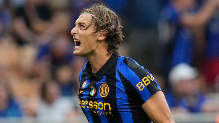 Inter's Pio Esposito celebrates after scoring his side's third goal against Monza