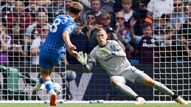 Jack Hinshelwood scores his second goal of the game to put Brighton 4-0 up against Aston Villa