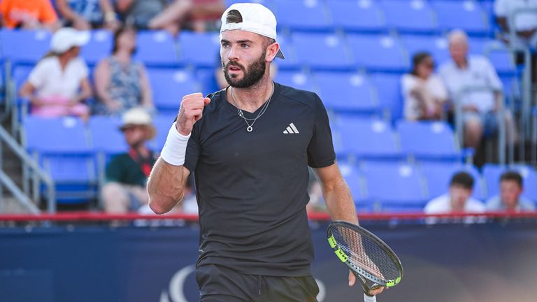 Jacob Fearnley (GBR) reacts after scoring a point during a second round match at National Bank Open on August 05, 2026 at IGA Stadium in Mon